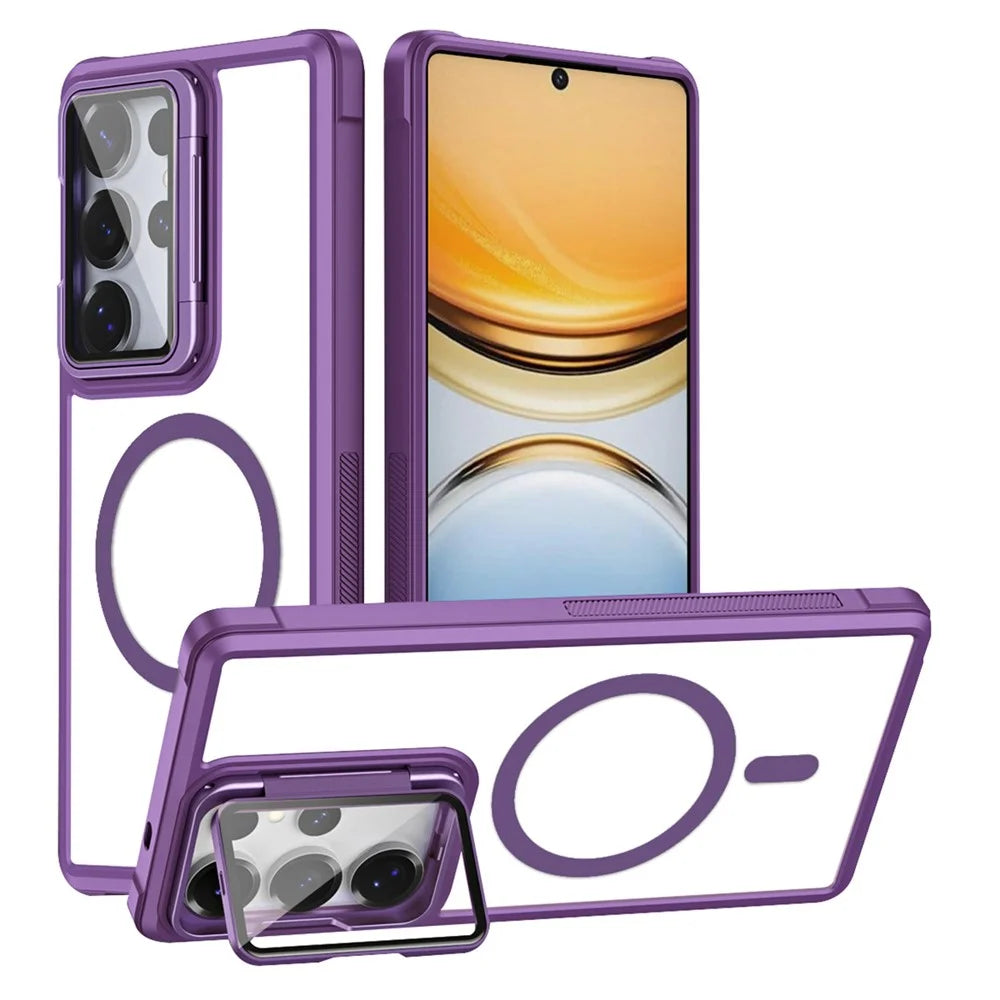 For Samsung Galaxy S26 Ultra Magnetic Case Clear Back Cover with Lens Cover Kickstand  - Purple - 1
