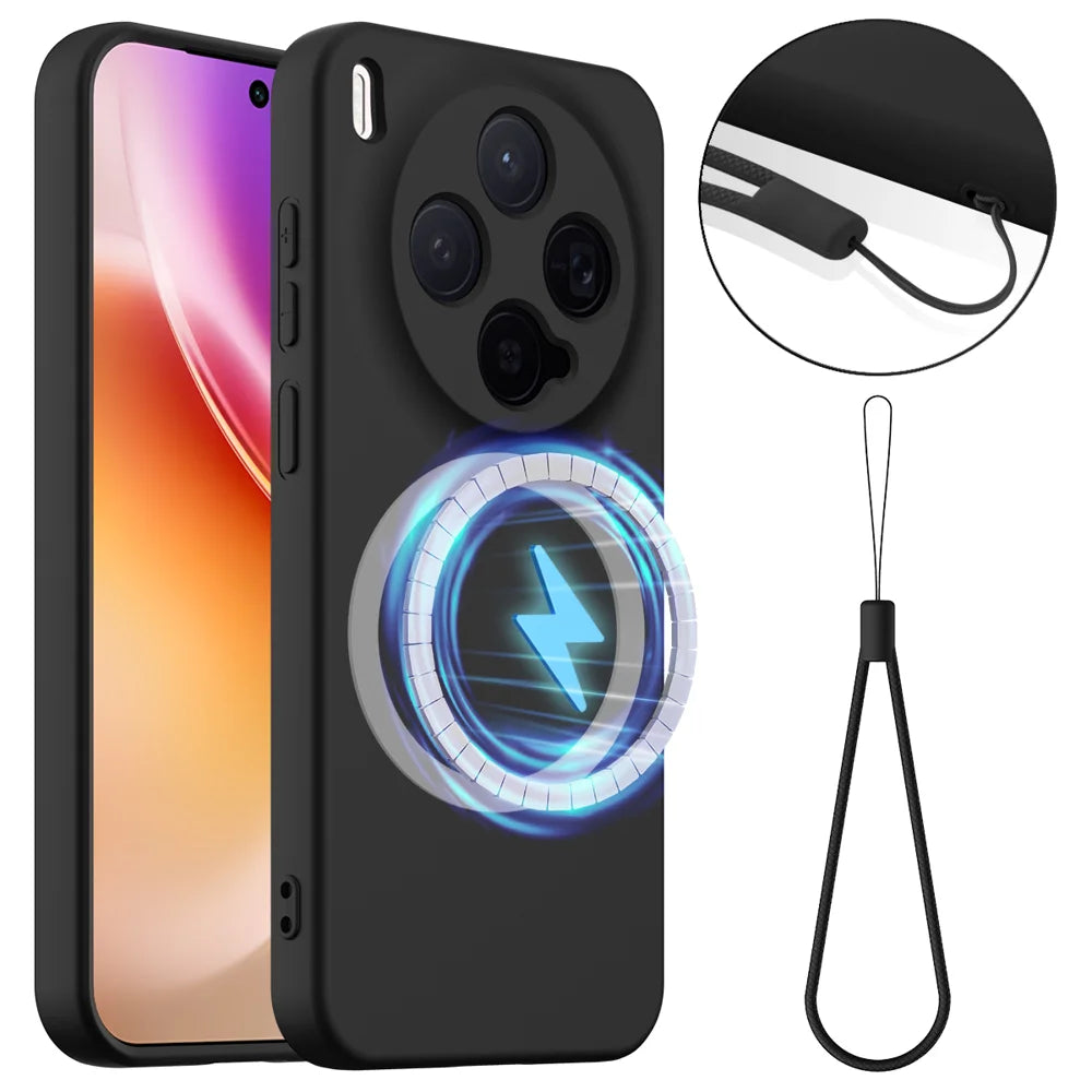 For vivo X300 5G Magnetic Case Anti-Drop Liquid Silicone Phone Cover with Lanyard - Black - 1