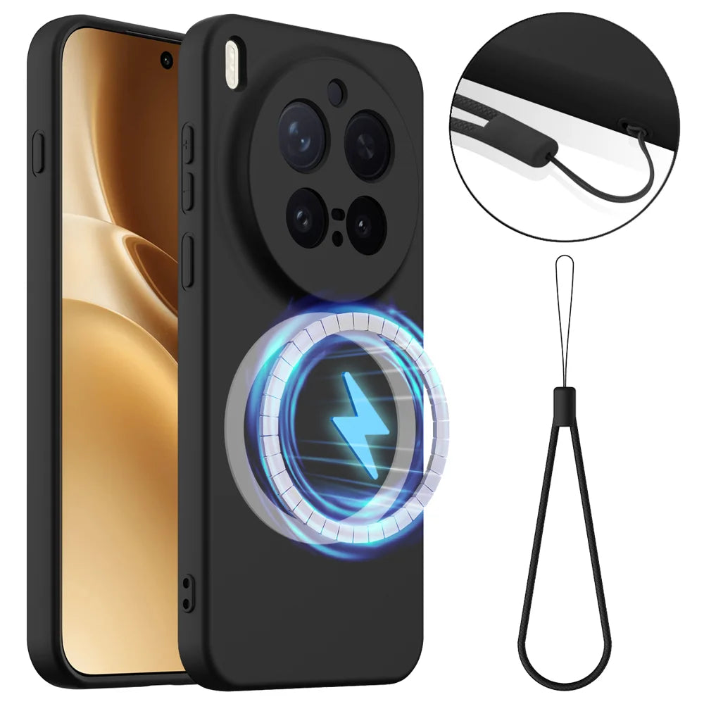 For vivo X300 Pro 5G Magnetic Case Anti-Drop Liquid Silicone Phone Cover with Lanyard - Black - 1