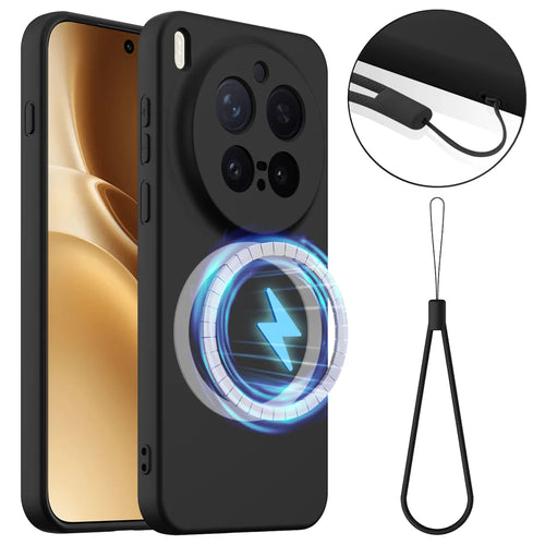 For vivo X300 Pro 5G Magnetic Case Anti-Drop Liquid Silicone Phone Cover with Lanyard - Black - 1