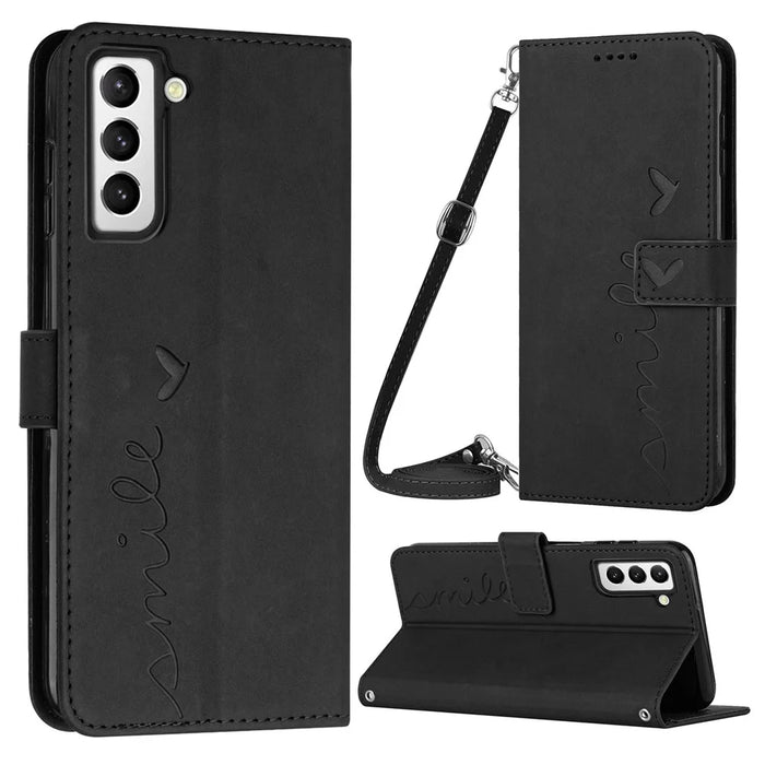 For Samsung Galaxy S23+ Heart Shape Imprinted Wallet Viewing Stand Case Skin-touch Feeling PU Leather Phone Cover with Shoulder Strap - Black - 1