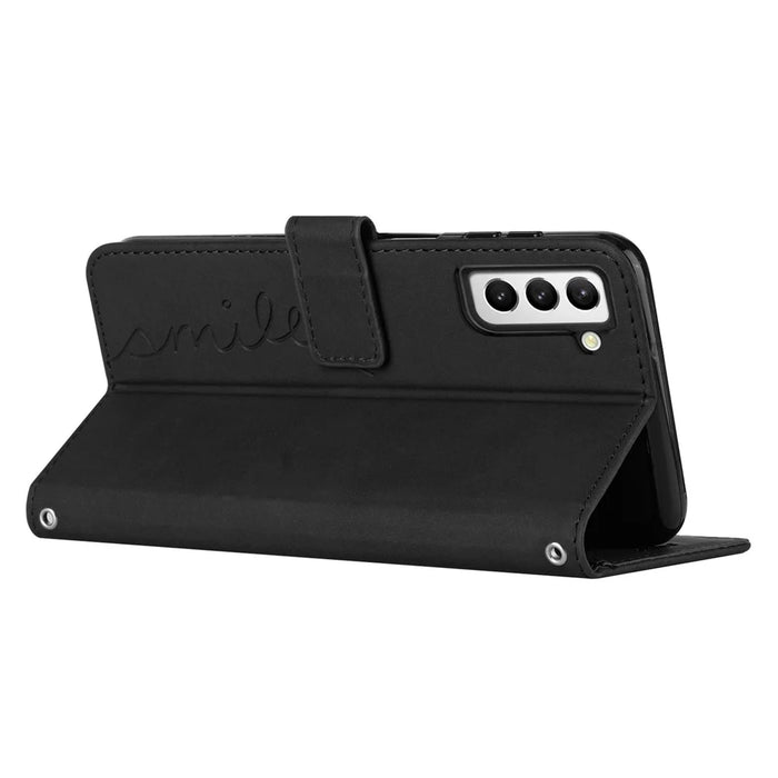 For Samsung Galaxy S23+ Heart Shape Imprinted Wallet Viewing Stand Case Skin-touch Feeling PU Leather Phone Cover with Shoulder Strap - Black - 3