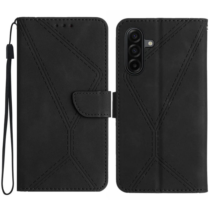 For Samsung Galaxy A57 5G Case Skin Touch Lines Imprinted PU Leather Flip Phone Cover - Black - 1