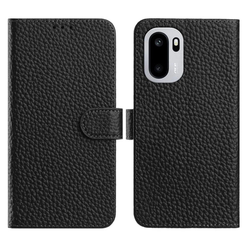 For OnePlus 15R 5G Case Wallet Stand Litchi Texture Genuine Cow Leather Flip Phone Cover - Black - 1