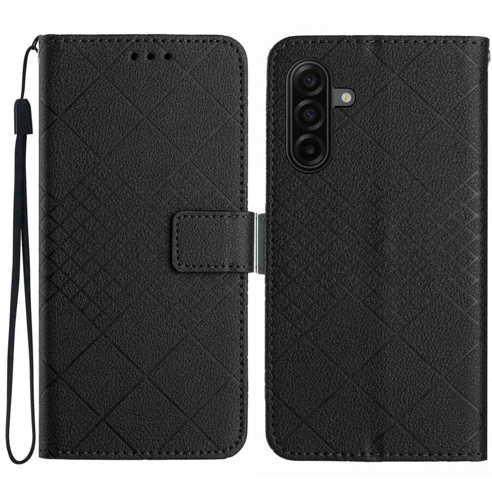 For Samsung Galaxy A57 5G Case Wallet Imprint PU Leather Flip Folio Phone Cover - Black - 1