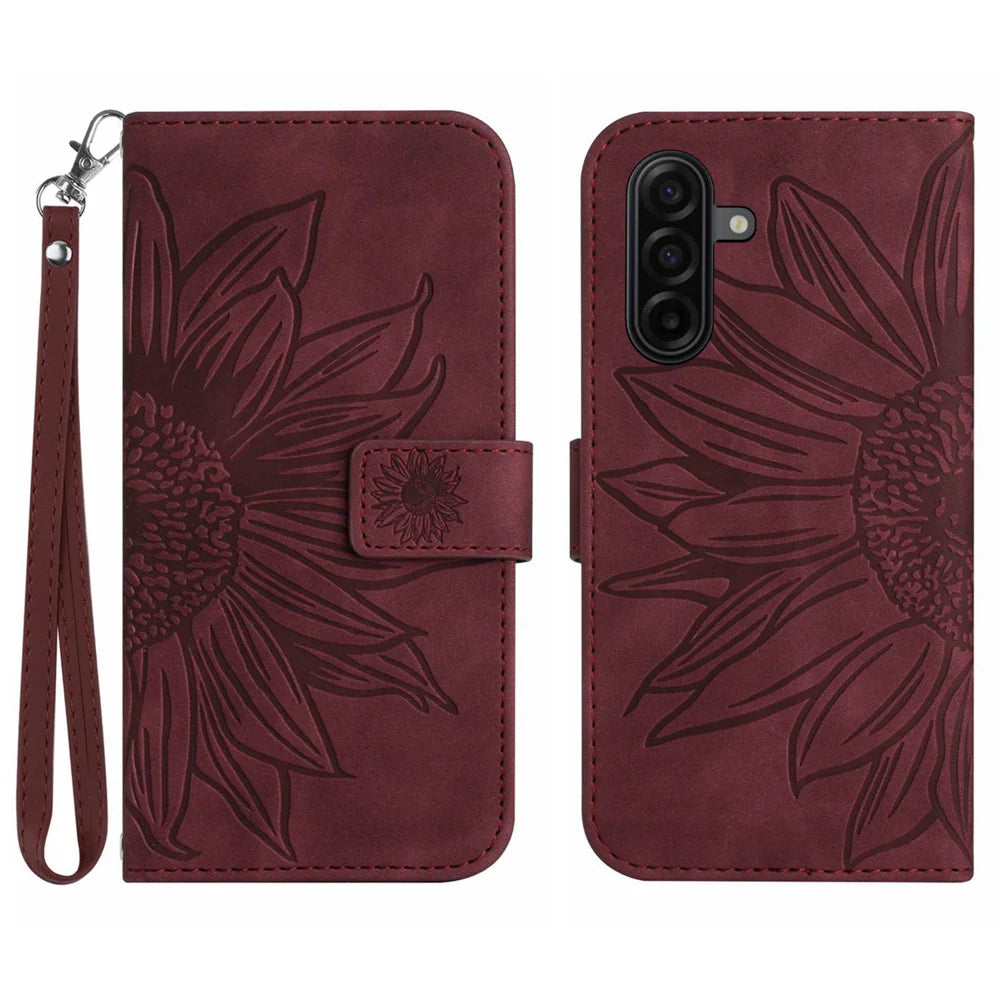 For Samsung Galaxy A57 5G Case Sunflower Imprint Leather Wallet Phone Cover with Wrist Strap - Wine Red - 1