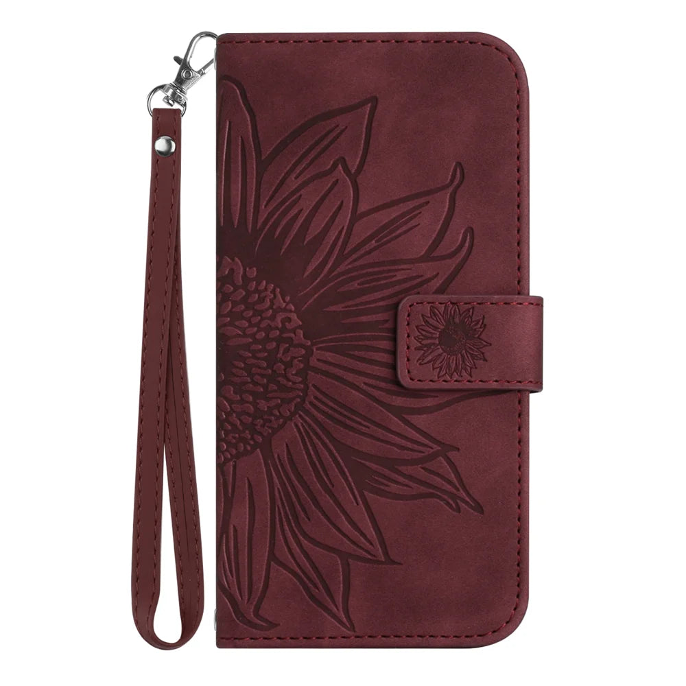 For Samsung Galaxy A57 5G Case Sunflower Imprint Leather Wallet Phone Cover with Wrist Strap - Wine Red - 2