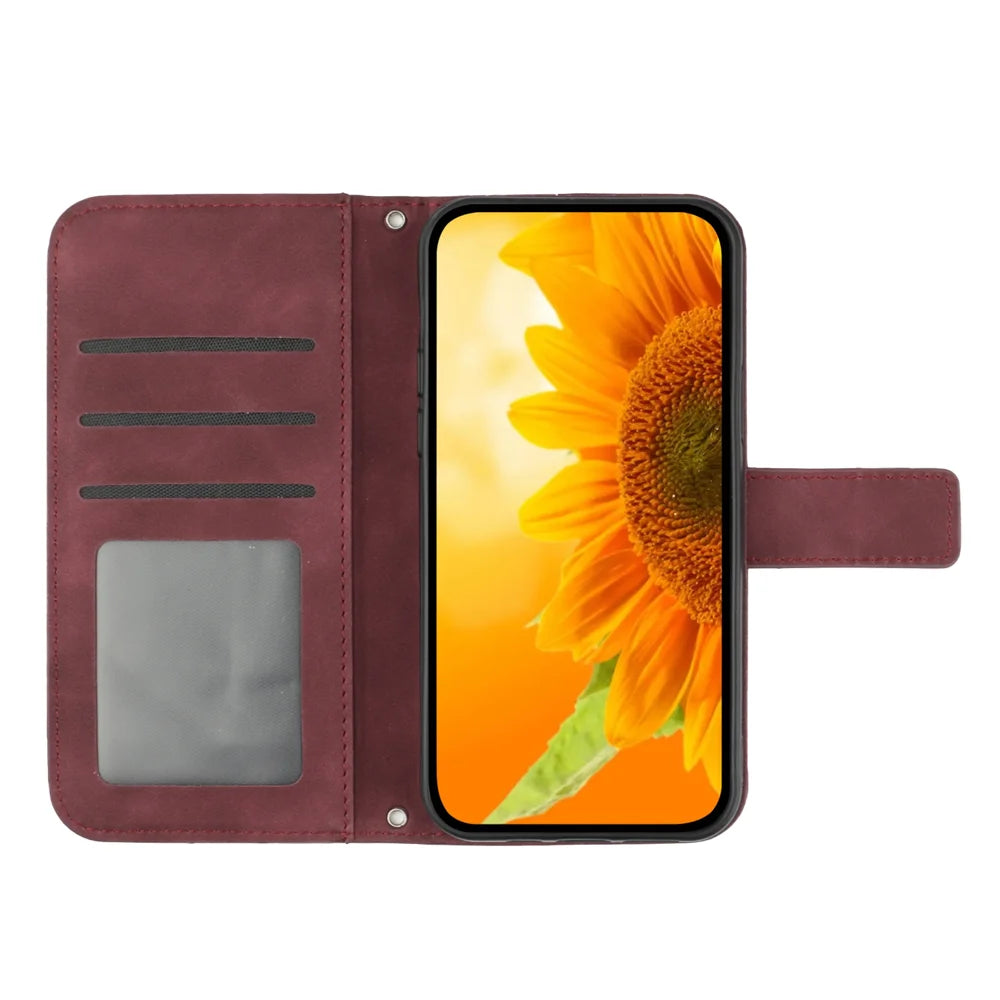 For Samsung Galaxy A57 5G Case Sunflower Imprint Leather Wallet Phone Cover with Wrist Strap - Wine Red - 3