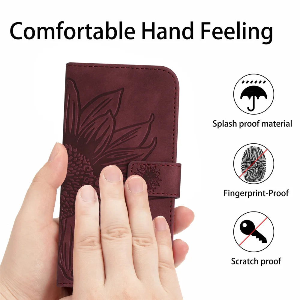 For Samsung Galaxy A57 5G Case Sunflower Imprint Leather Wallet Phone Cover with Wrist Strap - Wine Red - 4
