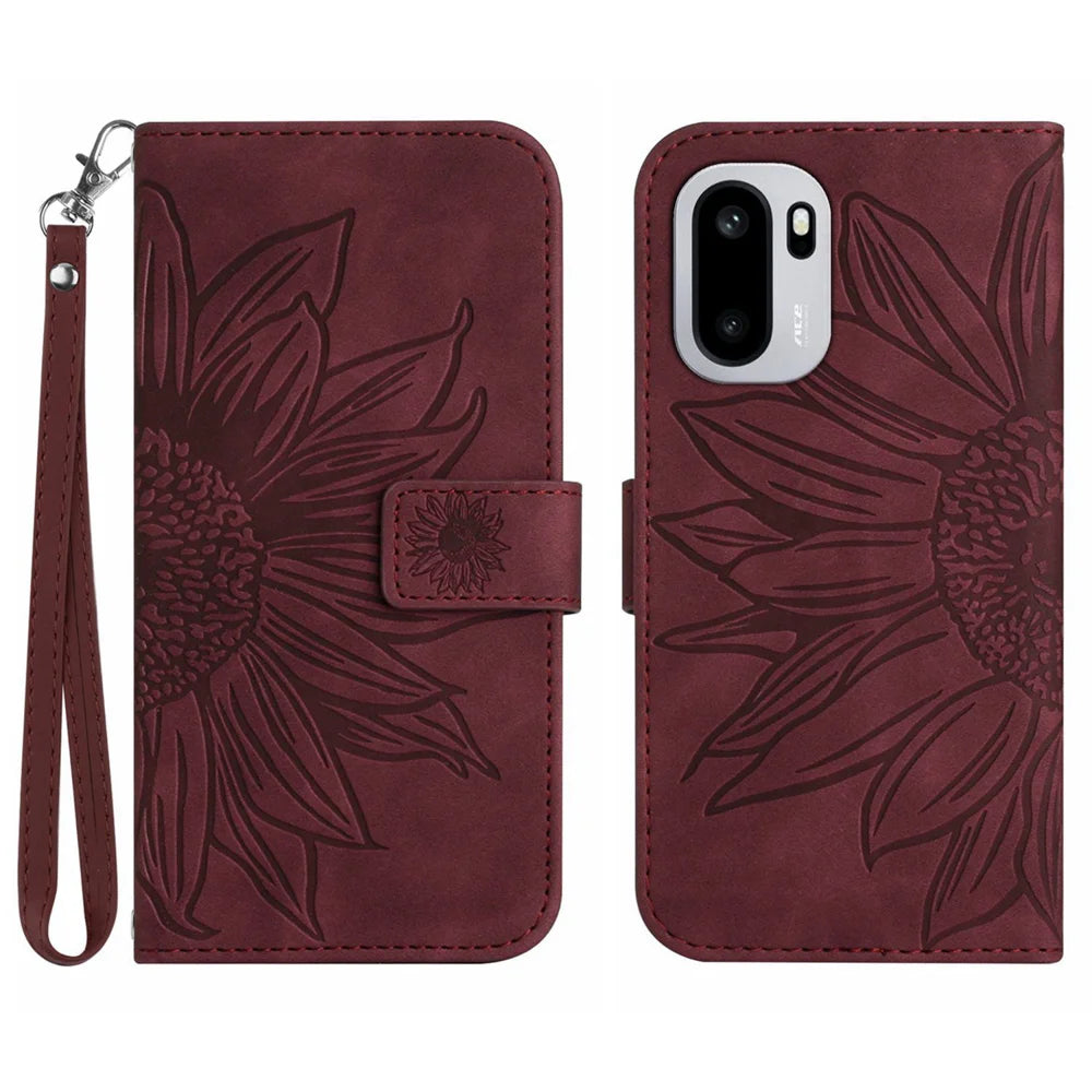 For OnePlus 15R 5G Case Sunflower Imprint Leather Wallet Phone Cover with Wrist Strap - Wine Red - 1