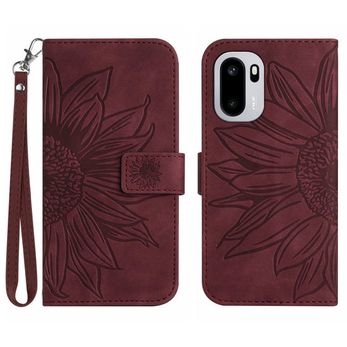 For OnePlus 15R 5G Case Sunflower Imprint Leather Wallet Phone Cover with Wrist Strap - Wine Red - 1