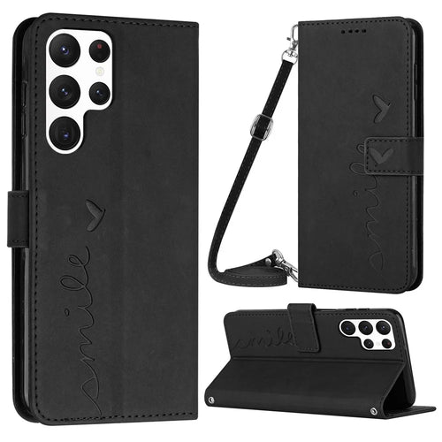 Stand Case for Samsung Galaxy S23 Ultra, Heart Shape Imprinted Wallet Skin-touch Feeling PU Leather Phone Cover with Shoulder Strap - Black - 1