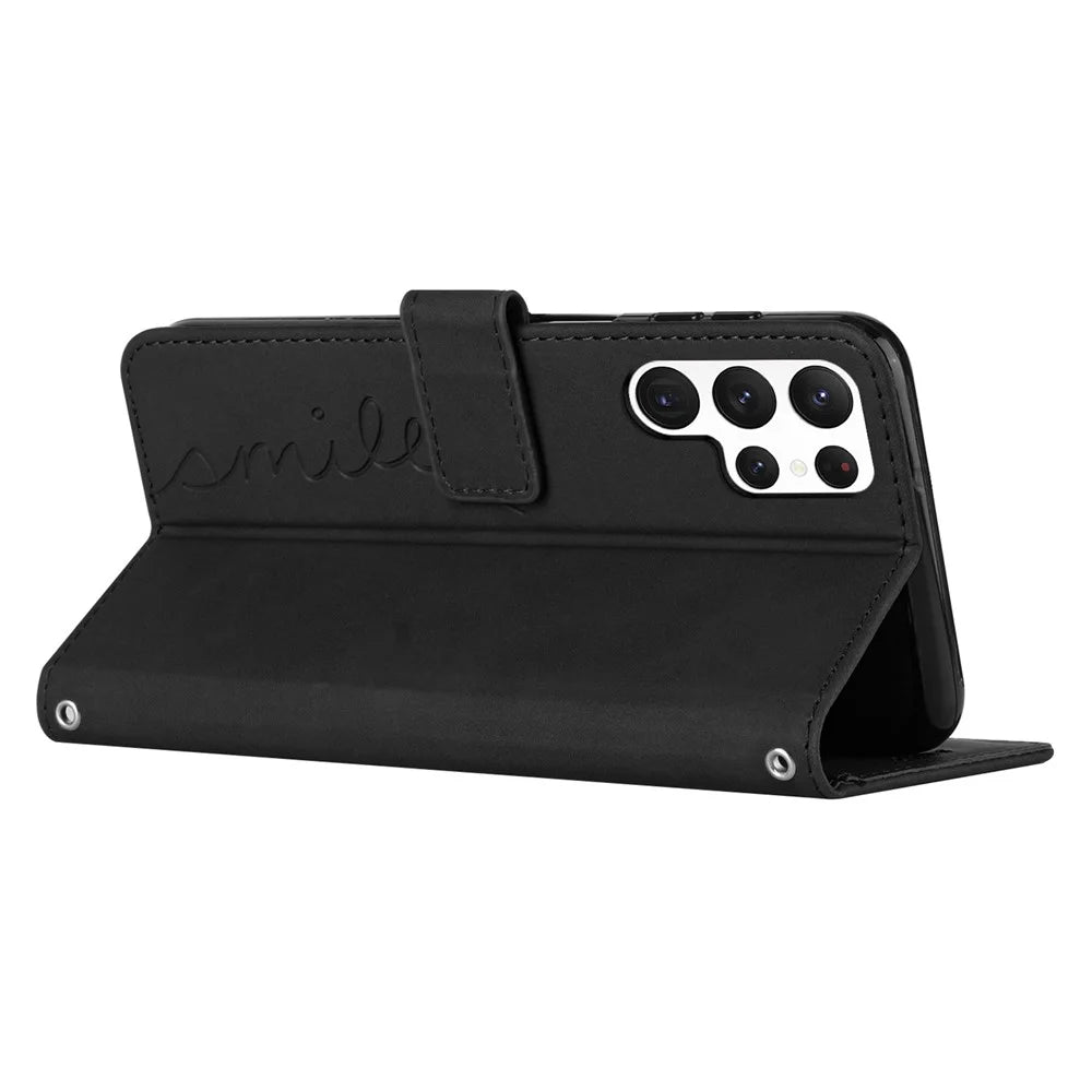 Stand Case for Samsung Galaxy S23 Ultra, Heart Shape Imprinted Wallet Skin-touch Feeling PU Leather Phone Cover with Shoulder Strap - Black - 3