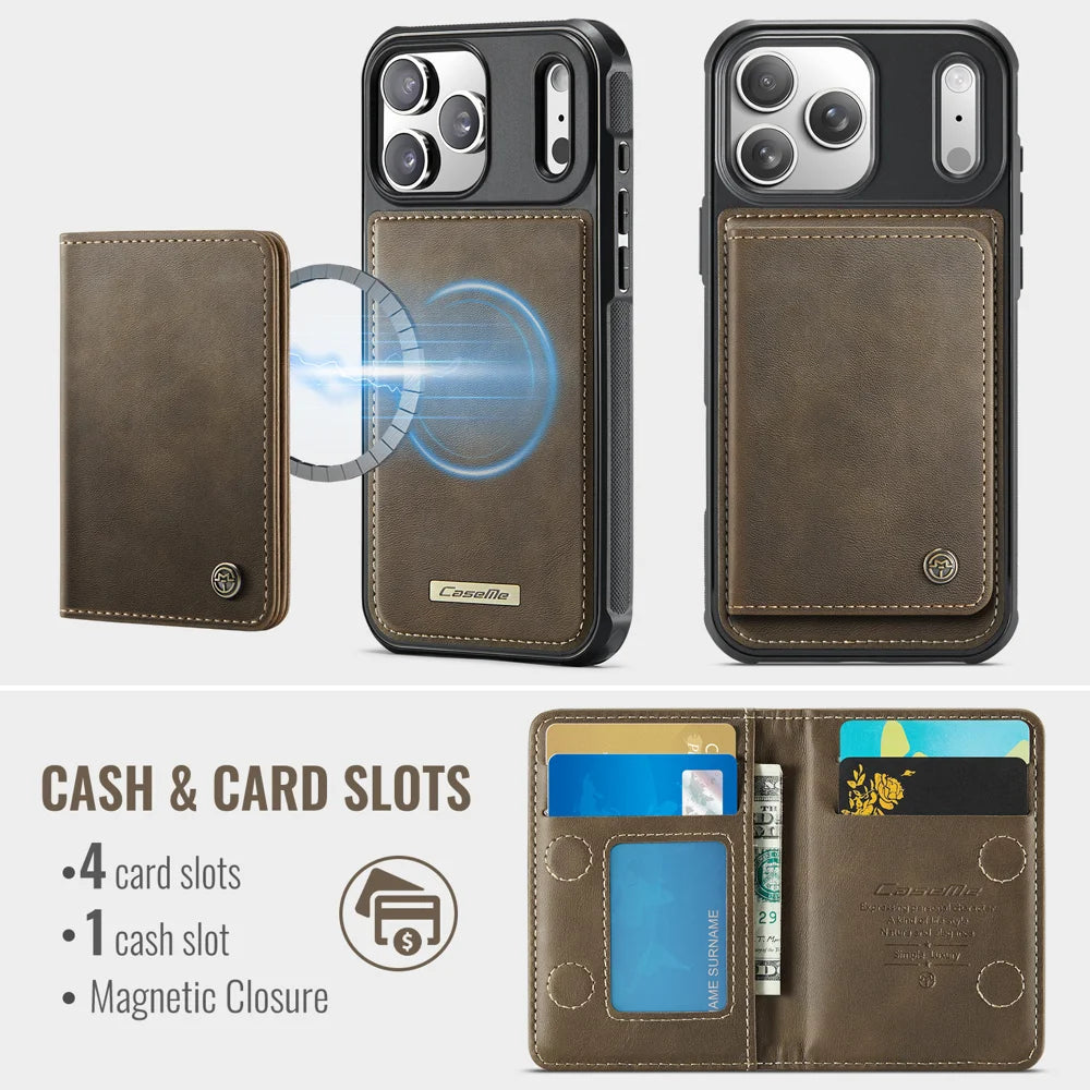 CASEME ME80 Series For iPhone 18 Pro Max / 17 Pro Max Magnetic Case RFID Blocking Leather PC TPU Phone Cover with Detachable Wallet - Coffee - 3