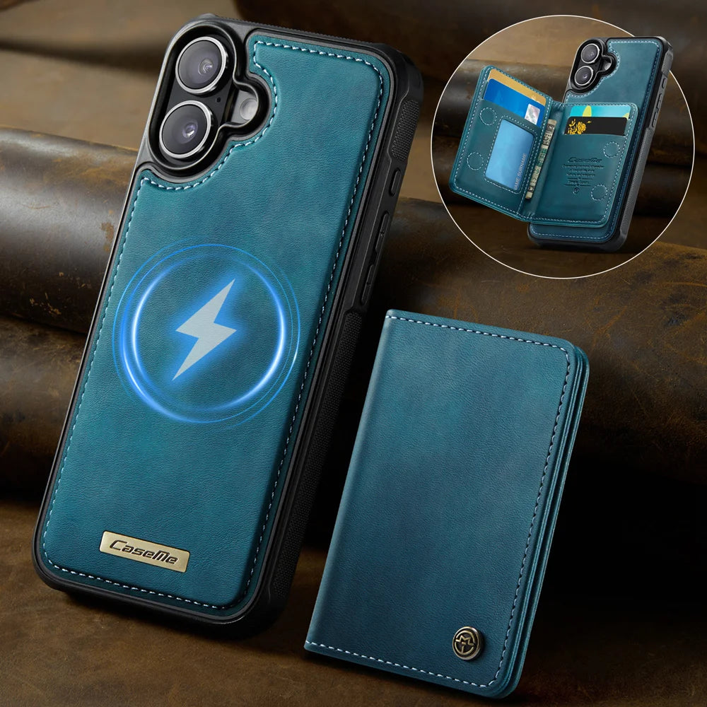 CASEME For iPhone 16 Magnetic Case  ME80 Series Leather PC TPU Phone Cover with Detachable Wallet - Green - 2