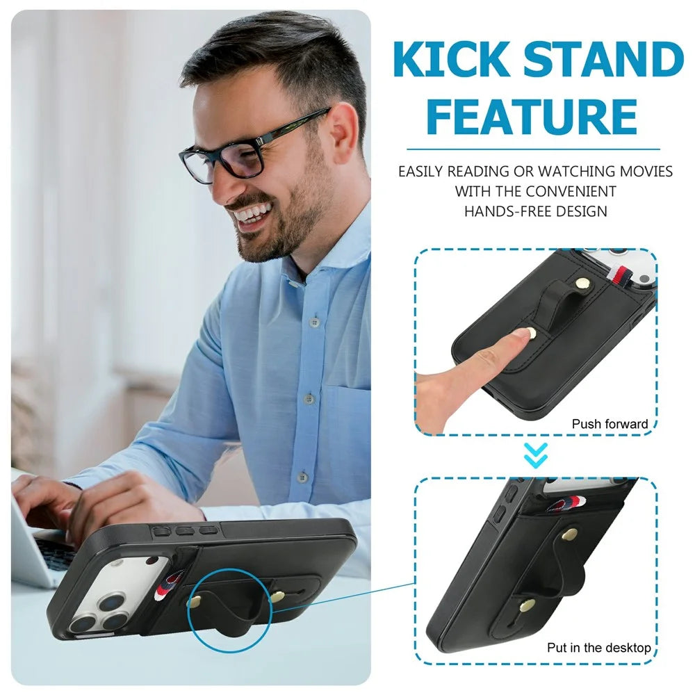 For iPhone 17 Pro Case PU Leather+TPU Hidden Card Holder Drop-proof Phone Cover with Kickstand - Black - 7