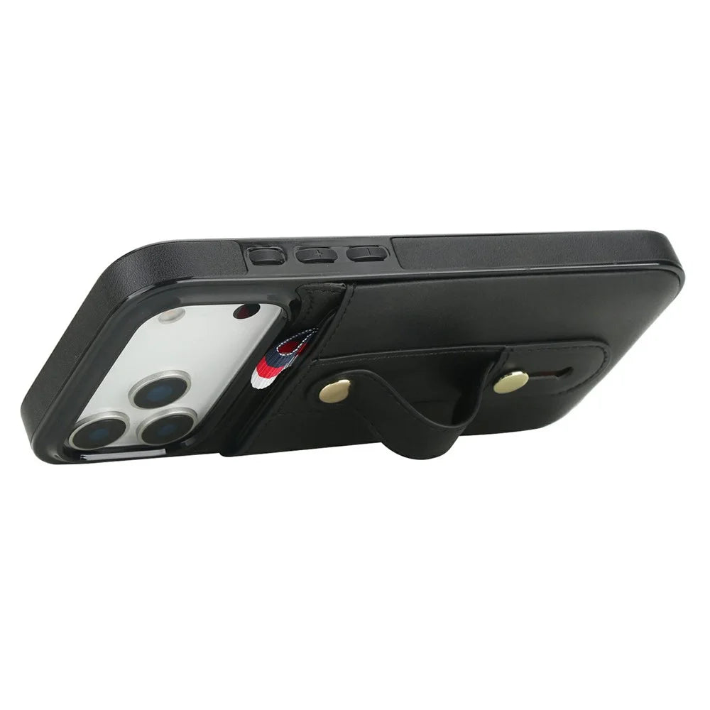 For iPhone 17 Pro Max Case PU Leather+TPU Hidden Card Holder Drop-proof Phone Cover with Kickstand - Black - 3