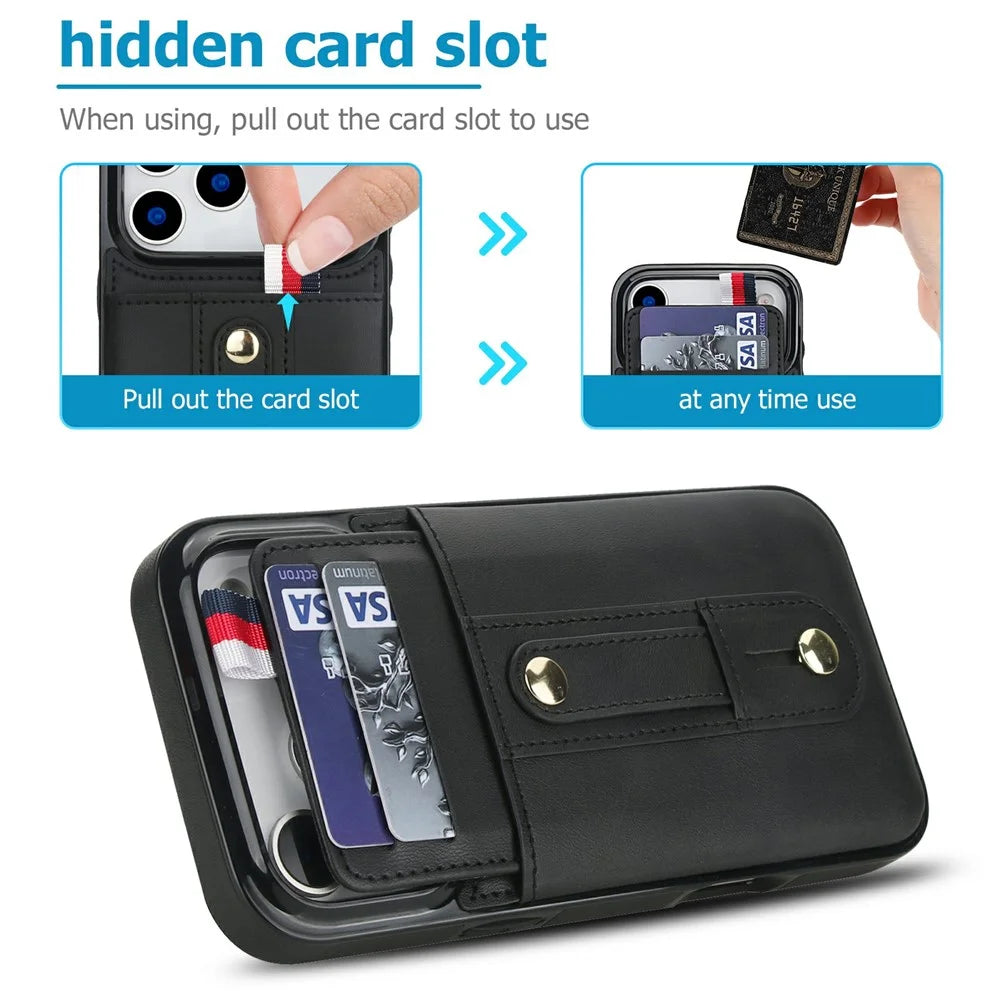 For iPhone 17 Pro Max Case PU Leather+TPU Hidden Card Holder Drop-proof Phone Cover with Kickstand - Black - 6
