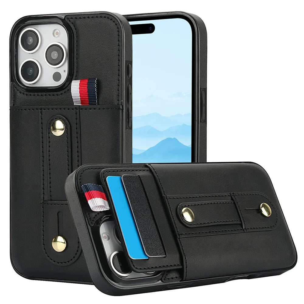 For iPhone 16 Pro Max Case PU Leather+TPU Hidden Card Holder Drop-proof Phone Cover with Kickstand - Black - 1