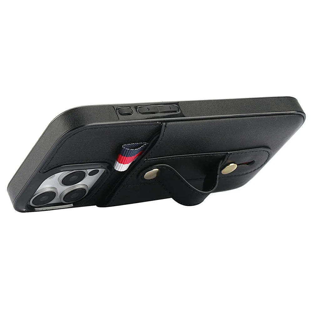 For iPhone 16 Pro Max Case PU Leather+TPU Hidden Card Holder Drop-proof Phone Cover with Kickstand - Black - 3