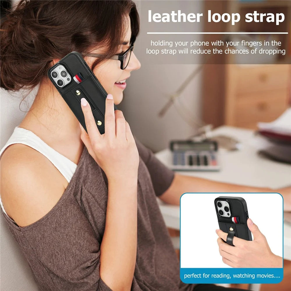 For iPhone 16 Pro Max Case PU Leather+TPU Hidden Card Holder Drop-proof Phone Cover with Kickstand - Black - 5