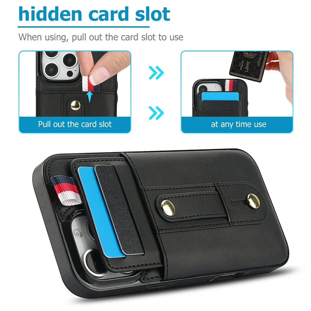 For iPhone 16 Pro Max Case PU Leather+TPU Hidden Card Holder Drop-proof Phone Cover with Kickstand - Black - 6
