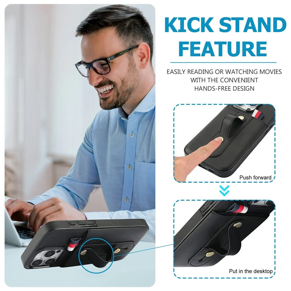 For iPhone 16 Pro Max Case PU Leather+TPU Hidden Card Holder Drop-proof Phone Cover with Kickstand - Black - 7