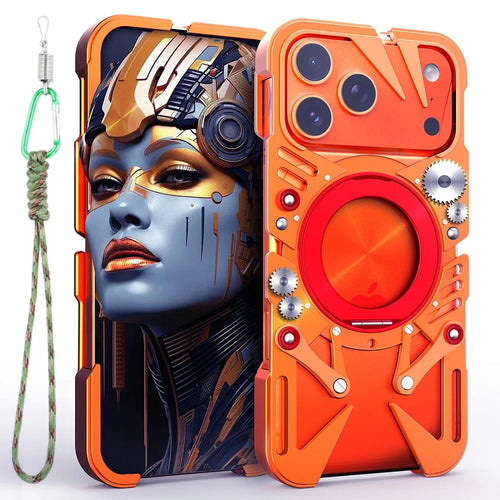 For iPhone 17 Pro Max Bumper Case Kickstand Aluminum Alloy Magnetic Phone Cover with Wrist Strap Compatible with MagSafe - Orange - 1