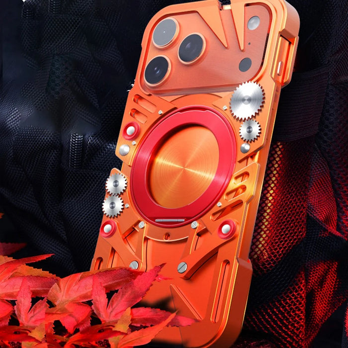 For iPhone 17 Pro Max Bumper Case Kickstand Aluminum Alloy Magnetic Phone Cover with Wrist Strap Compatible with MagSafe - Orange - 2