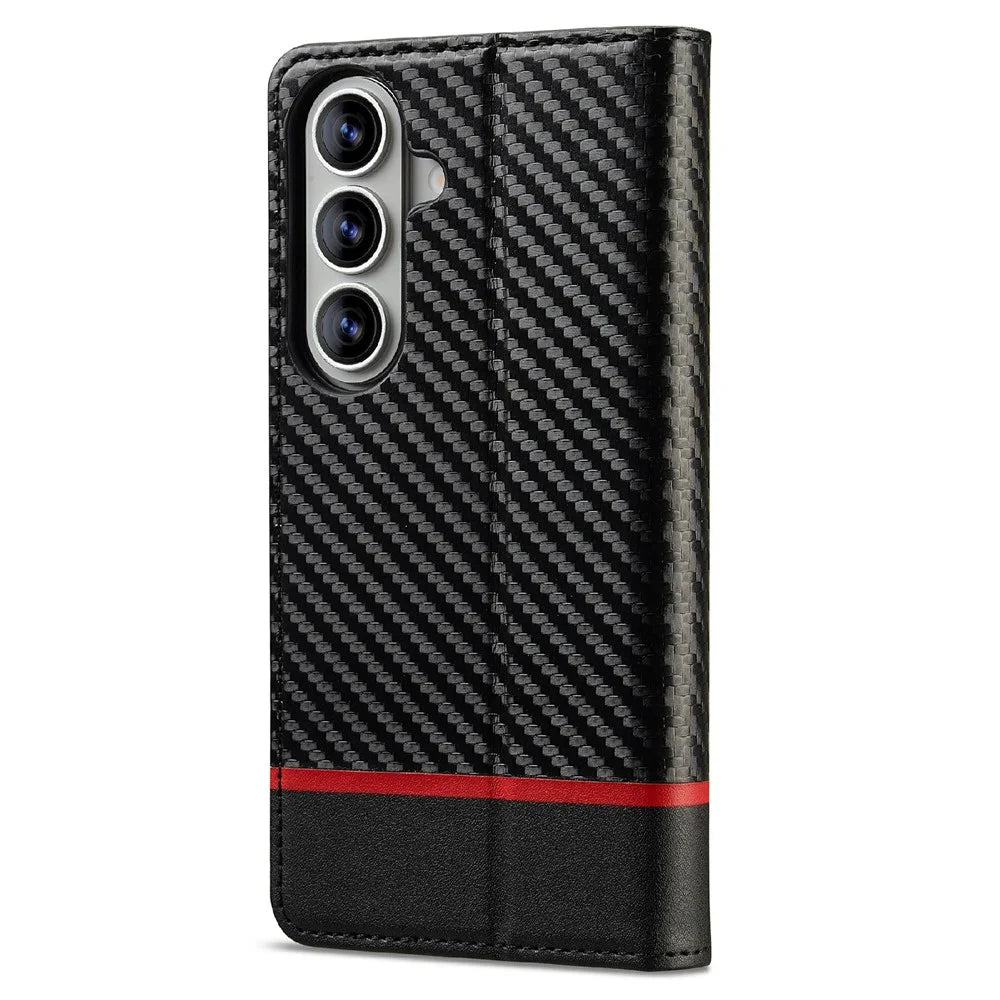 LC.IMEEKE For Samsung Galaxy S26+ Wallet Case Carbon Fiber Texture Leather Phone Cover - Horizontal Stripe - 4