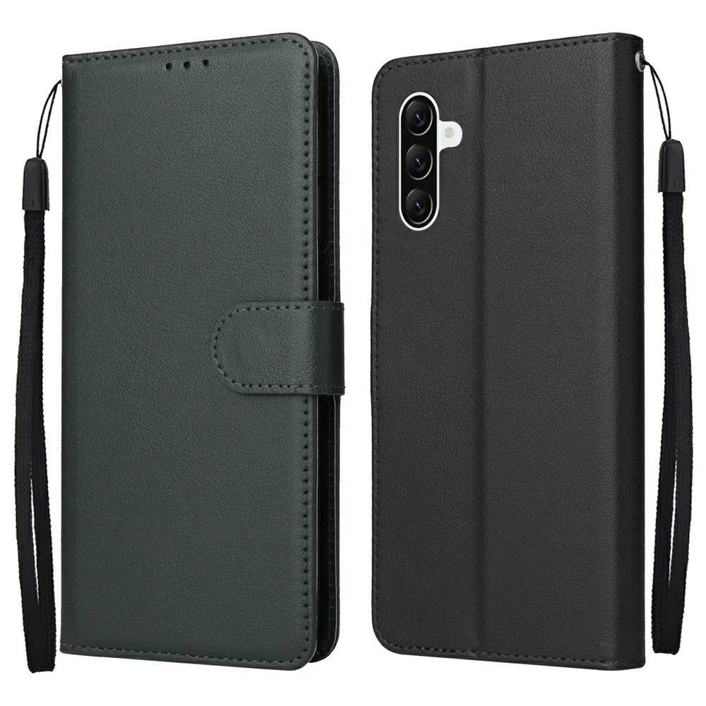 For Samsung Galaxy A37 5G Case Wallet Stand PU Leather Phone Cover with Wrist Strap - Black - 1