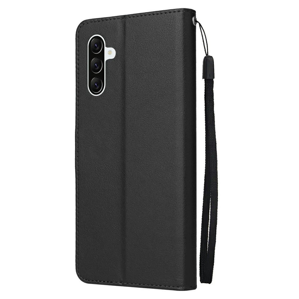 For Samsung Galaxy A37 5G Case Wallet Stand PU Leather Phone Cover with Wrist Strap - Black - 6