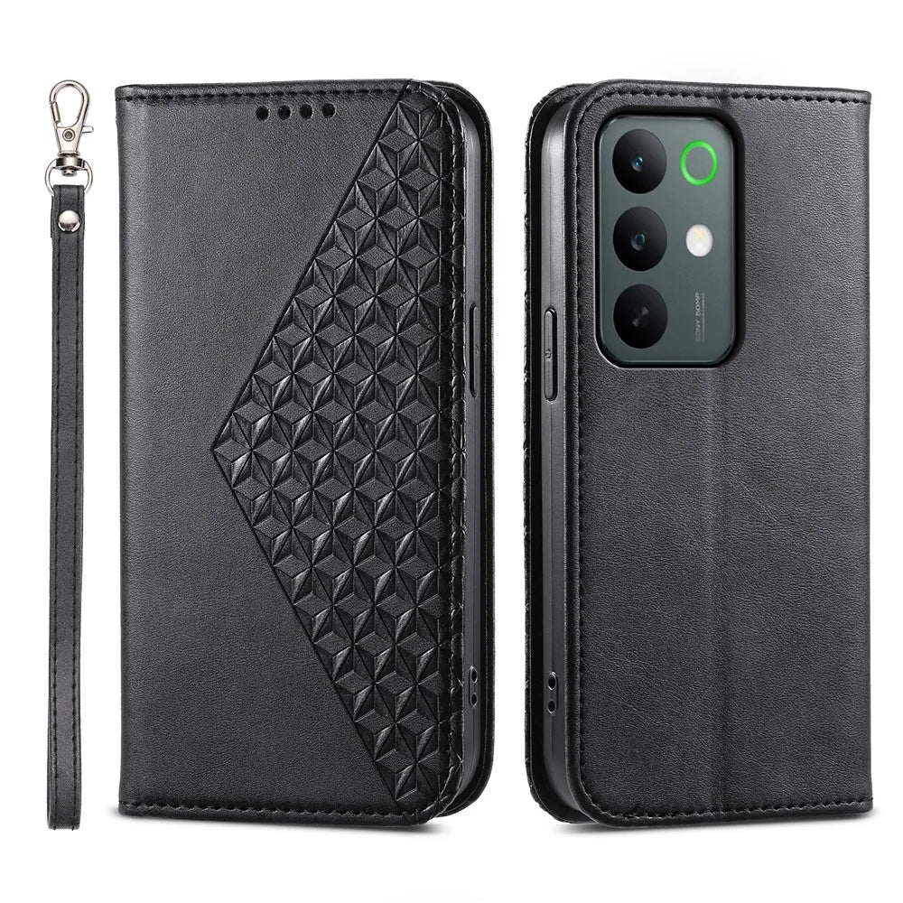 For Realme C85 5G Case Calf Texture PU Leather Wallet Phone Cover with Wrist Strap - Black - 1