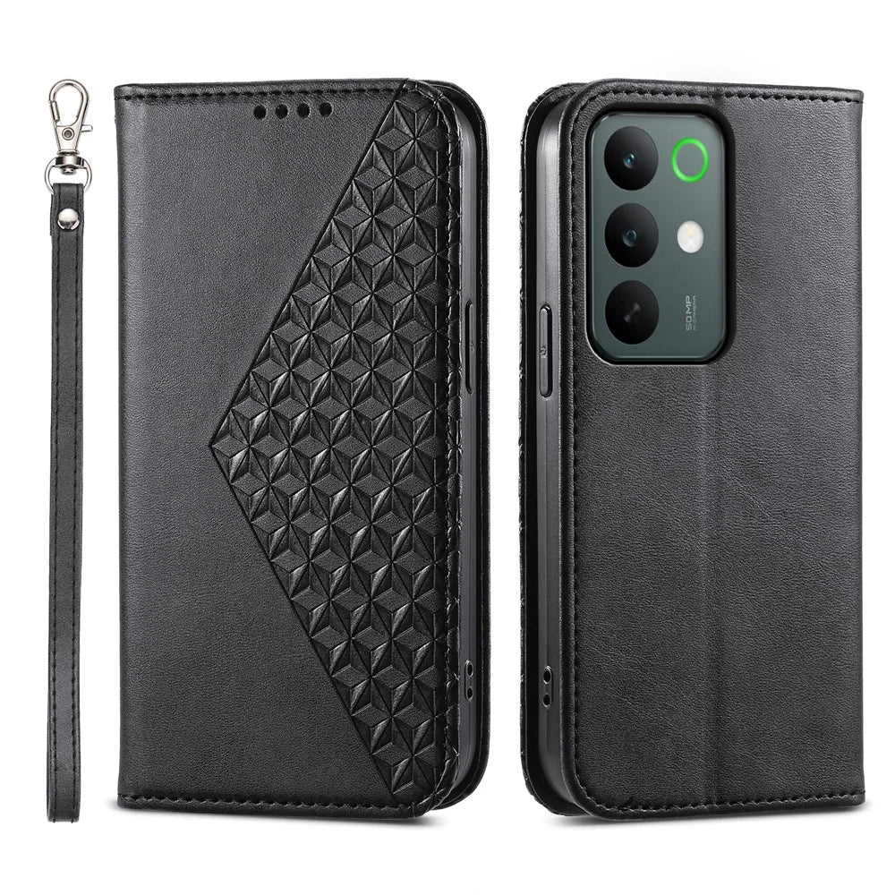 For Realme C85 Pro 4G Case Calf Texture PU Leather Wallet Phone Cover with Wrist Strap - Black - 1