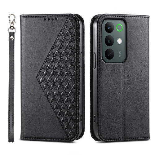For Realme C85 Pro 4G Case Calf Texture PU Leather Wallet Phone Cover with Wrist Strap - Black - 1