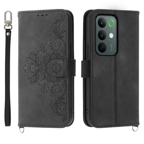 For Realme C85 5G Wallet Case Flower Pattern PU Leather Phone Cover with Strap - Black - 1