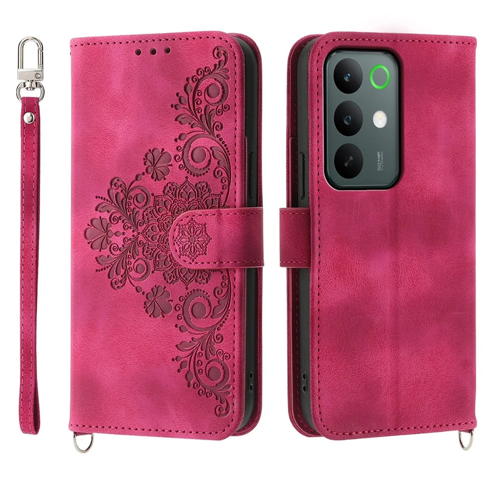 For Realme C85 Pro 4G Wallet Case Flower Pattern PU Leather Phone Cover with Strap - Wine Red - 1