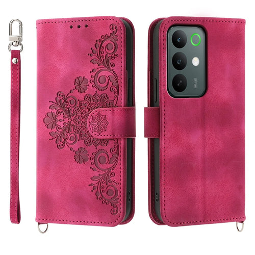 For Realme C85 Pro 4G Wallet Case Flower Pattern PU Leather Phone Cover with Strap - Wine Red - 1