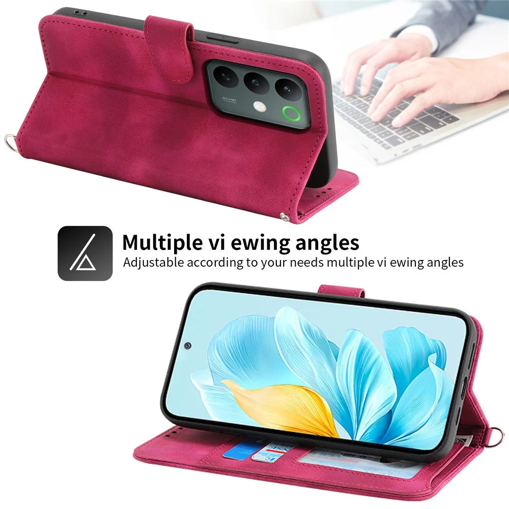 For Realme C85 Pro 4G Wallet Case Flower Pattern PU Leather Phone Cover with Strap - Wine Red - 2