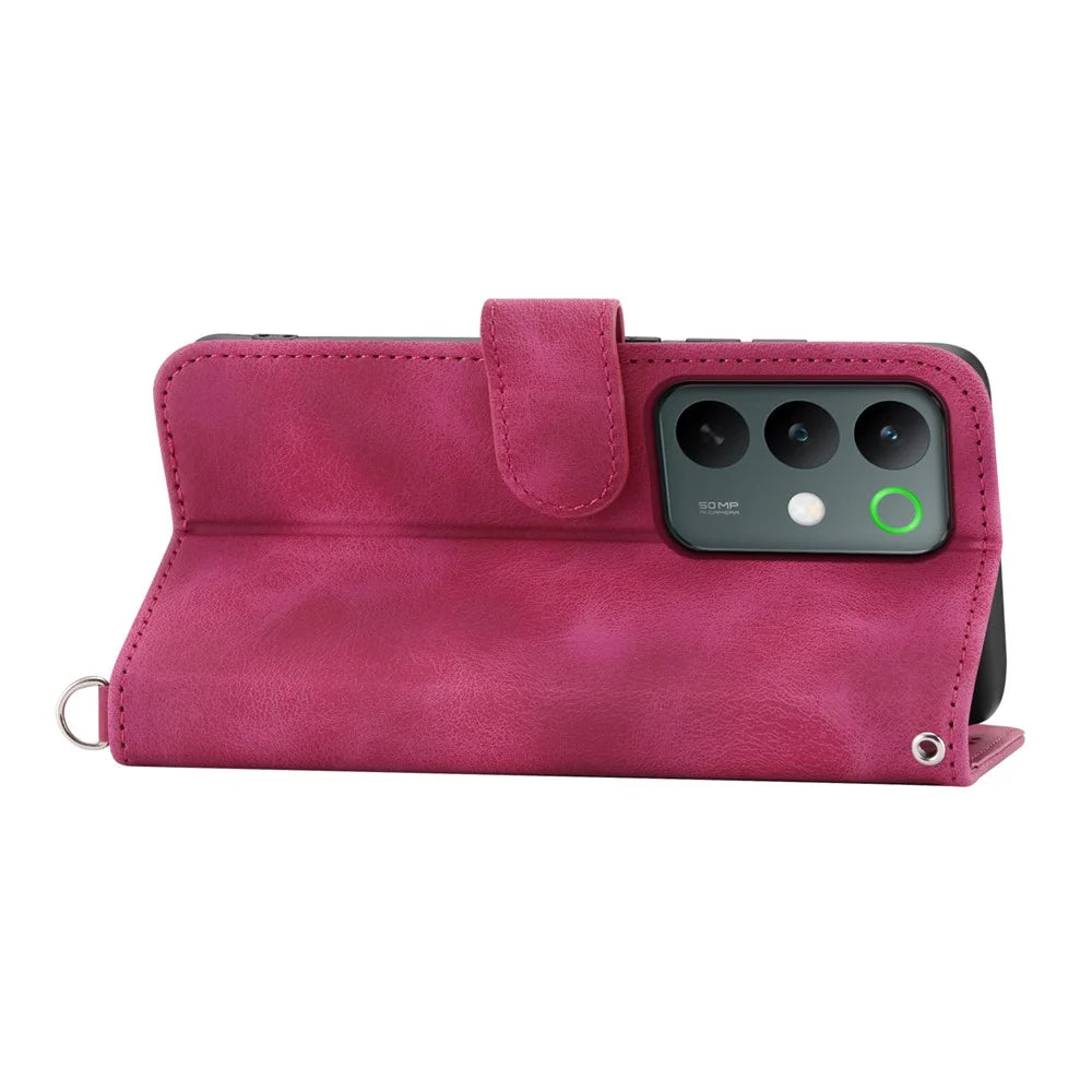 For Realme C85 Pro 4G Wallet Case Flower Pattern PU Leather Phone Cover with Strap - Wine Red - 3