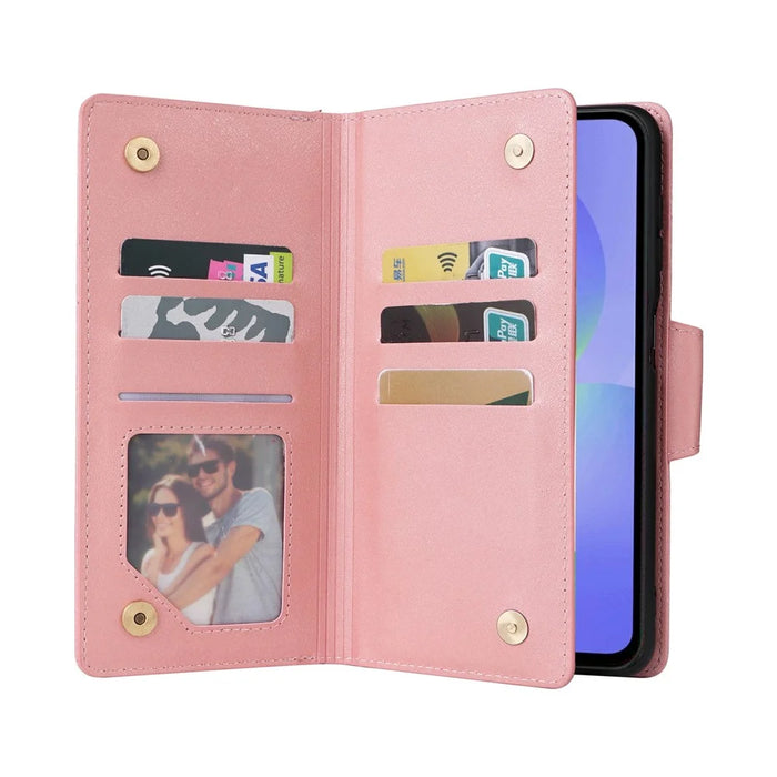 For Samsung Galaxy A37 5G Case Zipper Wallet Rivet Decor Leather Phone Cover with Wrist Strap - Rose Gold - 2