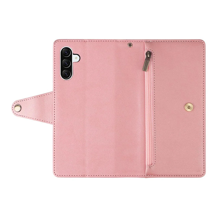 For Samsung Galaxy A37 5G Case Zipper Wallet Rivet Decor Leather Phone Cover with Wrist Strap - Rose Gold - 6