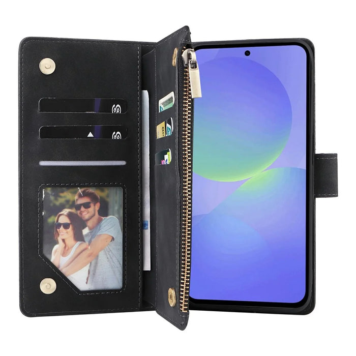 For Samsung Galaxy A37 5G Case Zipper Wallet Multiple Card Slots Leather Phone Cover with Wrist Strap - Black - 3