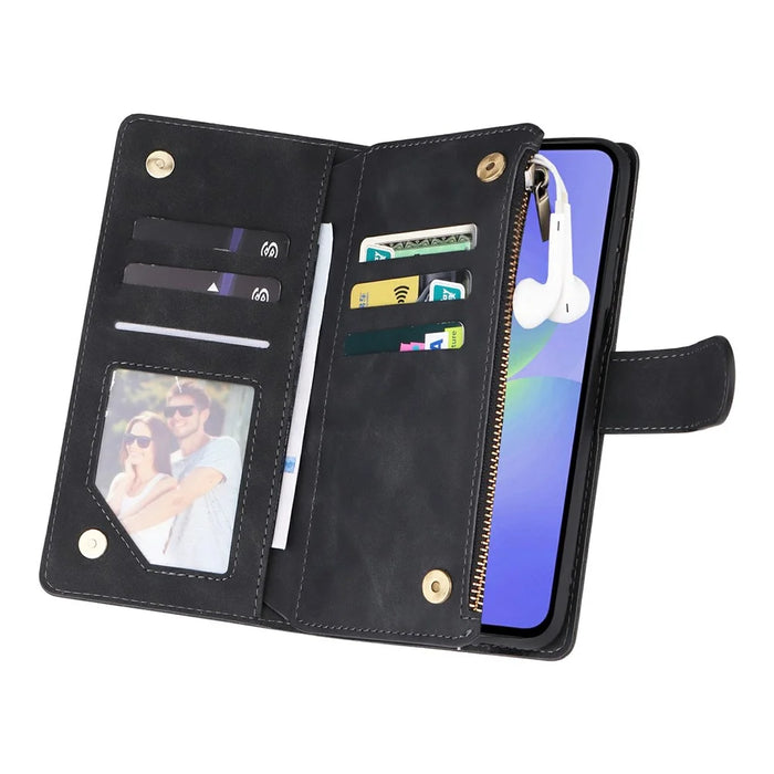 For Samsung Galaxy A37 5G Case Zipper Wallet Multiple Card Slots Leather Phone Cover with Wrist Strap - Black - 5