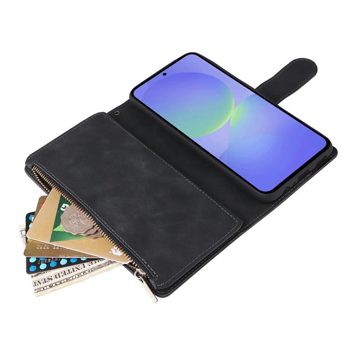 For Samsung Galaxy A37 5G Case Zipper Wallet Multiple Card Slots Leather Phone Cover with Wrist Strap - Black - 6