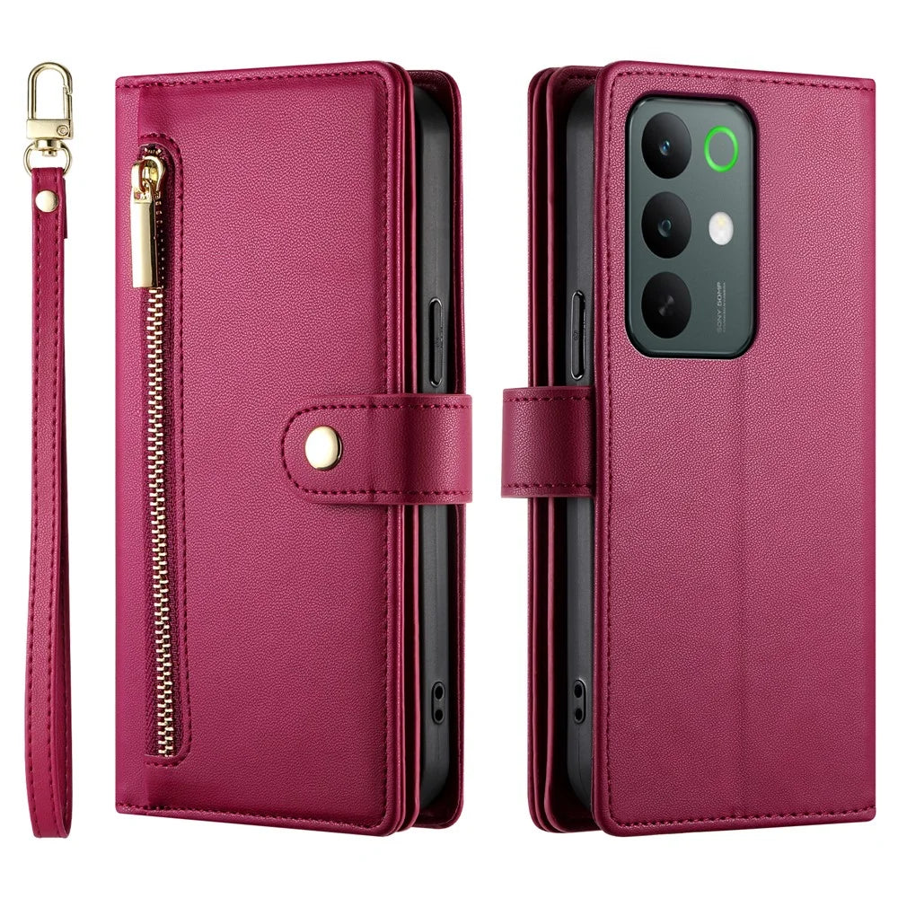 For Realme C85 5G Leather Case Zipper Pocket Wallet Phone Cover with Straps - Red - 1