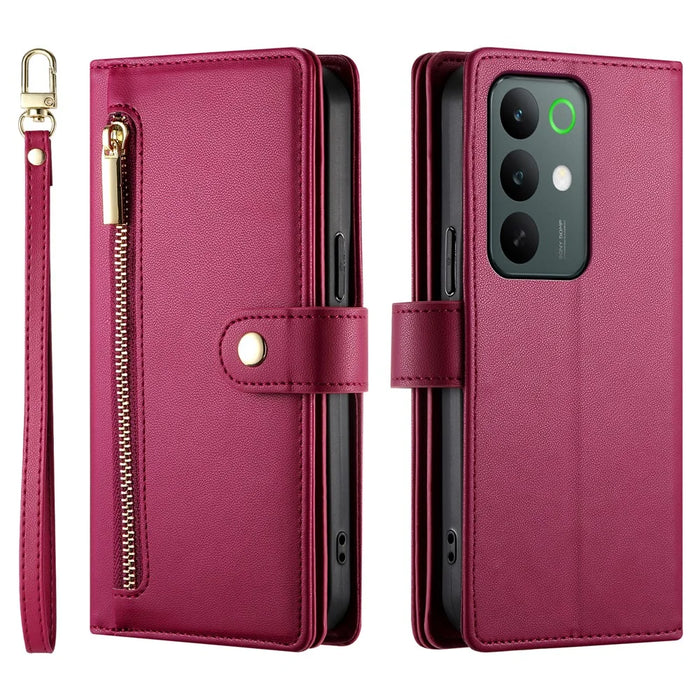 For Realme C85 5G Leather Case Zipper Pocket Wallet Phone Cover with Straps - Red - 1