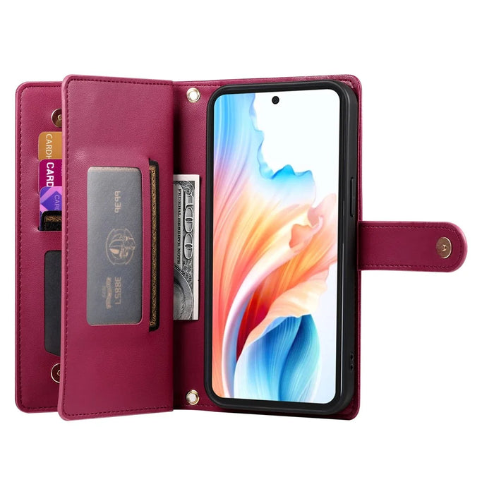 For Realme C85 5G Leather Case Zipper Pocket Wallet Phone Cover with Straps - Red - 2