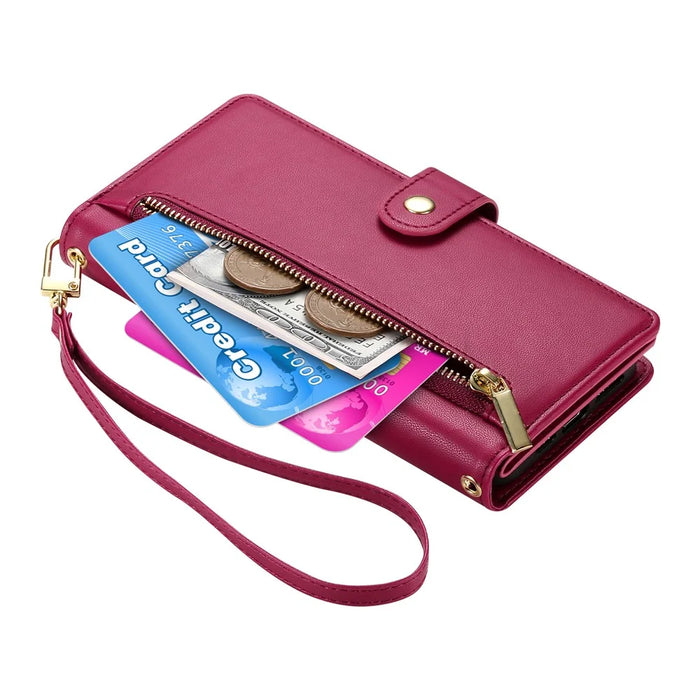 For Realme C85 5G Leather Case Zipper Pocket Wallet Phone Cover with Straps - Red - 5