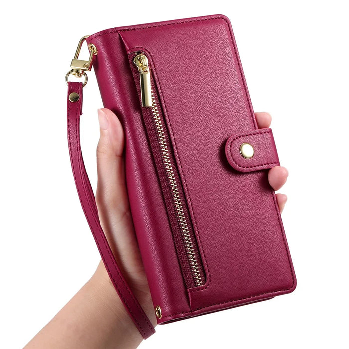 For Realme C85 5G Leather Case Zipper Pocket Wallet Phone Cover with Straps - Red - 6